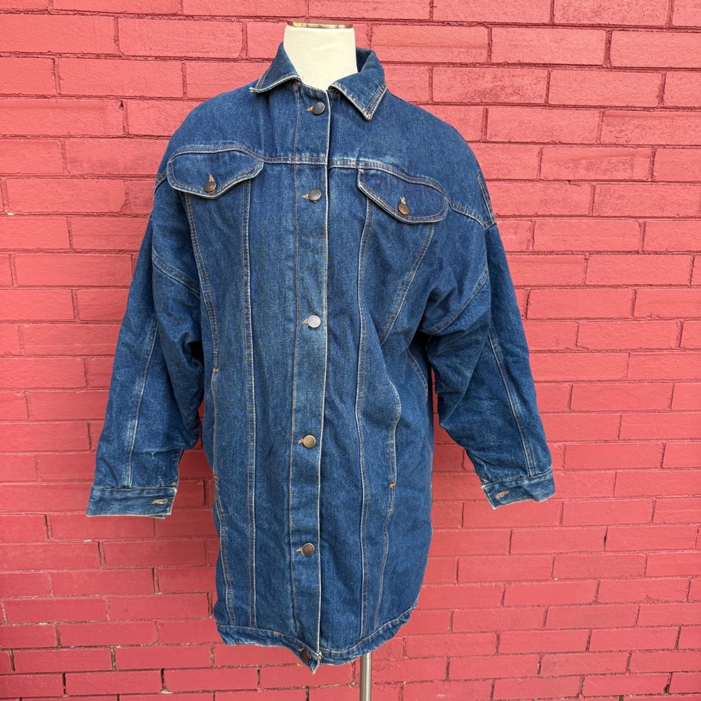Vtg YR‎ Denim Long Jean Jacket Womens Size XL Lined Blue Button Front Outerwear